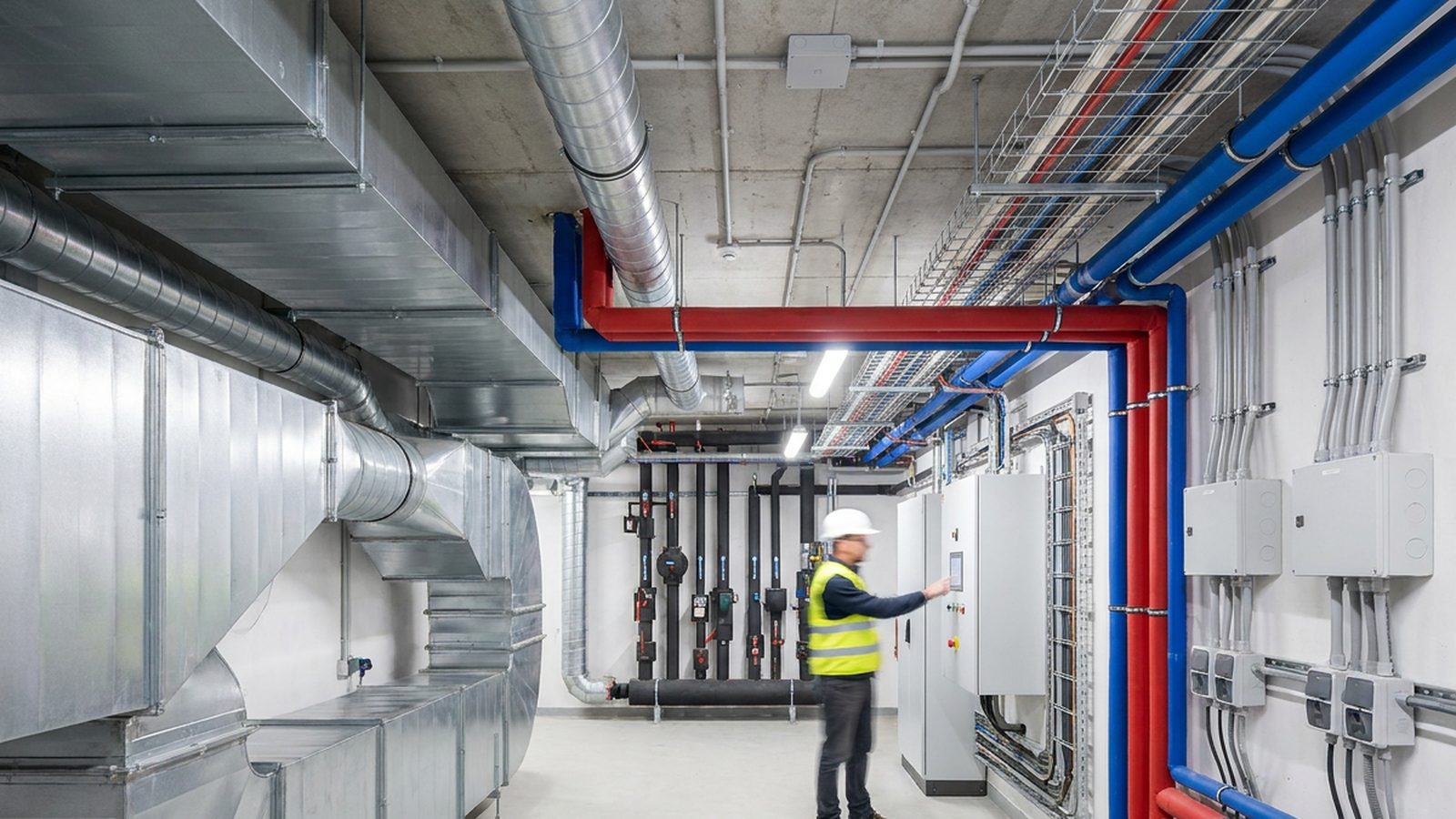 Plant room with ducting, pipework and control panels
